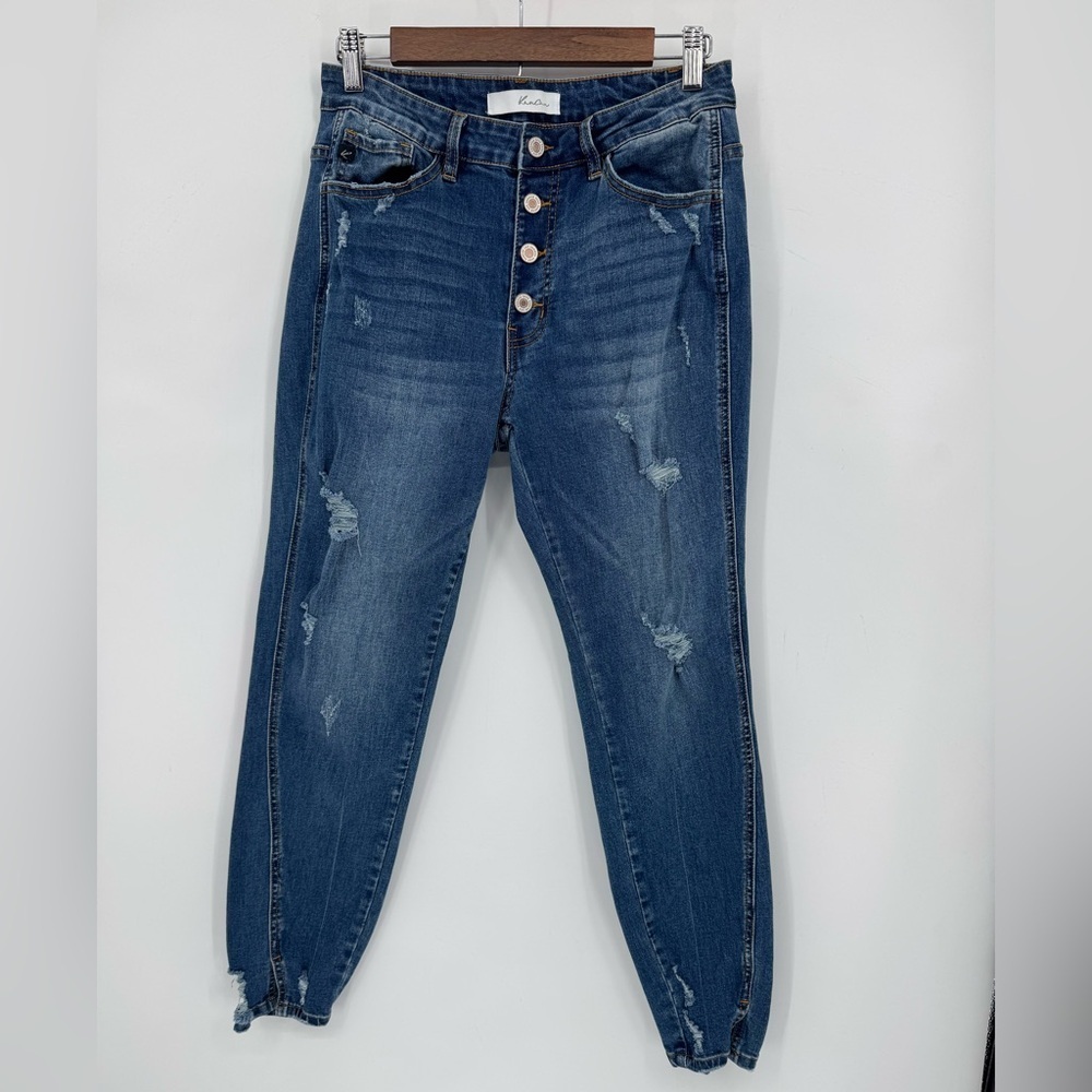 KanCan Women's Distressed Button Fly Blue Denim Skinny Basic Jeans Size 13/30
